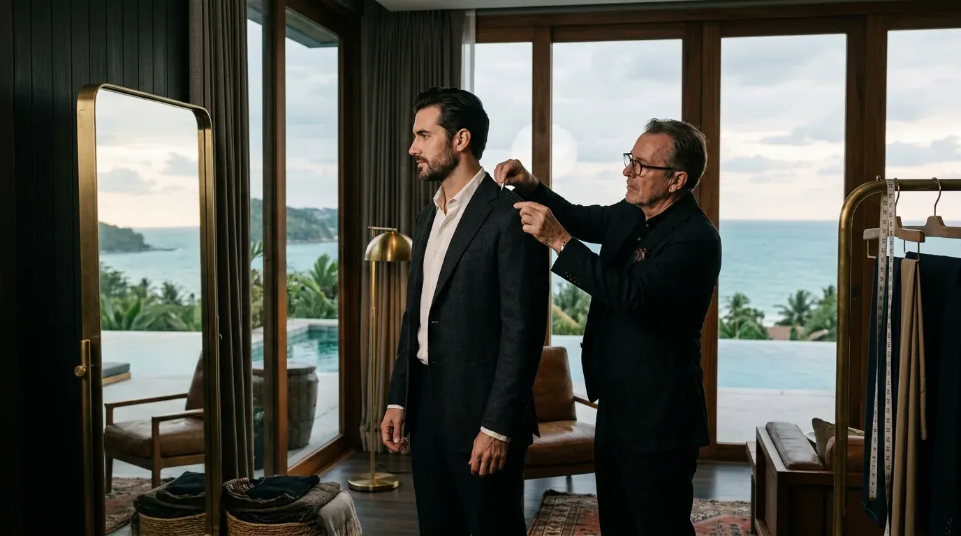 Tailor fitting a client inside a Phuket resort villa