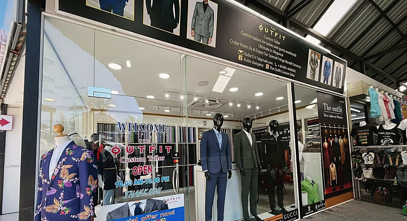 The Outfit Custom Tailor shopfront, Bangtao Beach, Phuket — what to look for when you arrive